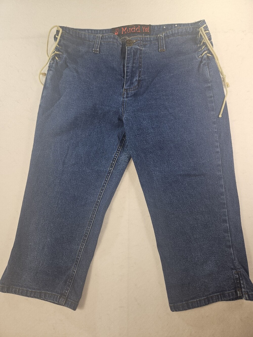Y2K MUDD Yo! Low Rise Blue Denim Stretch Capris with Side Lace-Up Detail Size 11